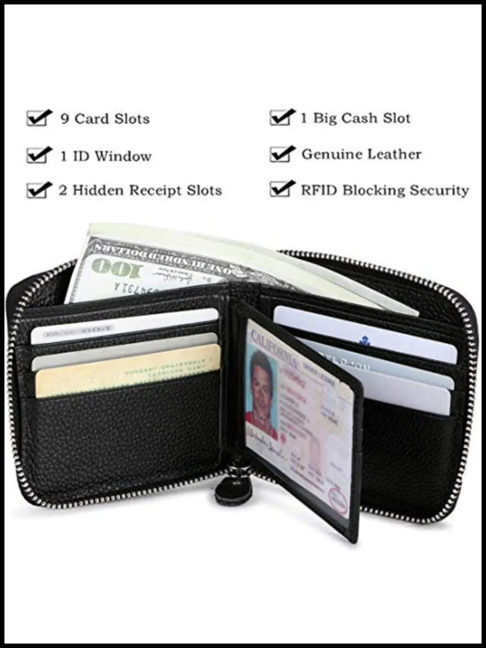 Genuine Leather RFID Blocking Zipper Bifold Wallet with Many Card Slots